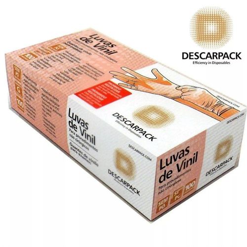 Luvas Descartáveis de Vinil sem Pó Tamanho P Descarpack com 100 Unidades
