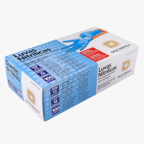 Luvas Nitrílicas sem Pó Cor Azul Tamanho G Descarpack com 100 Unidades