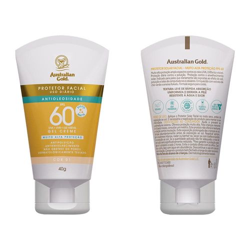 Creme Protetor Solar Facial Australian Gold Antioleosidade FPS 60 Cor 01 40g