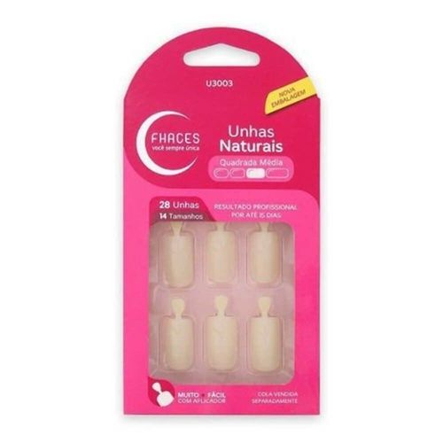 Unhas Postiças Natural Quadrada Média Fhaces com 28 Unidades