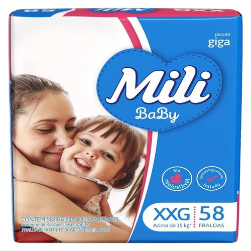 Fraldas Descartáveis Mili Baby Tamanho XXG Pacote Giga com 58 Unidades