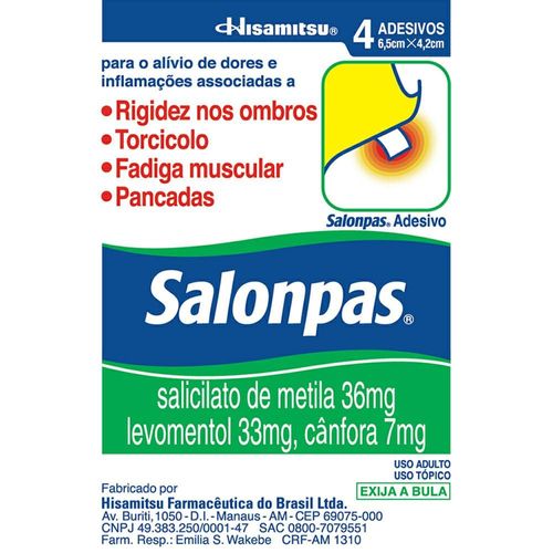 Salonpas 144mg + 131mg + 28,4mg Adesivos Transdérmicos Tamanho Pequeno com 4 Unidades