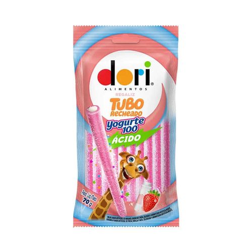 Balas de Gelatina Dori Regaliz Tubo Recheado Yogurte100 Ácido 70g