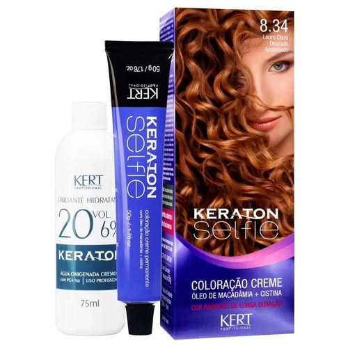 Kit Tintura Keraton Selfie 8.34 Louro Claro Dourado Acobreado Kert com 1 Unidade