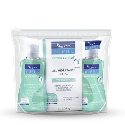 Kit Derme Control Nupill com 1 Sabonete Líquido Facial 60ml + 1Loção Adstrigente Facial 60ml + 1 Gel Hidratante Facial 50g