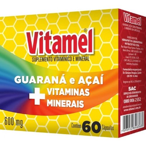 Suplemento Vitamínico Guaraná e Açai + Vitaminas Vitamel com 60 Cápsulas com 600mg