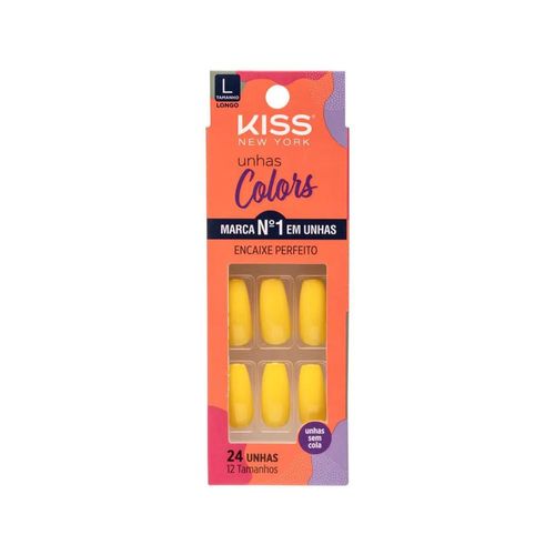 Unhas Postiças Colors Amarelo Canário Kiss New York Única com 24 Unidades