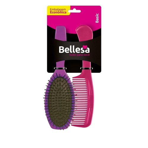 Kit Bellesa Cores Sortidas com 1 Escova de Cabelo Oval + 1 Pente