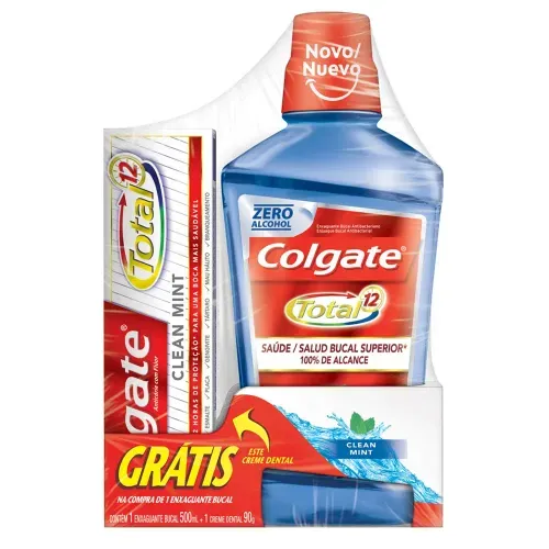 Kit Colgate Total 12 com 1 Enxaguante Bucal Clean Mint 500ml + 1 Creme Dental 90g