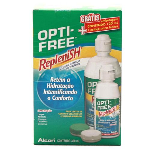 Kit Opti-Free Replenish com 1 Solução de Desinfecção 300ml + 1 Solução de Desinfecção 120ml + Grátis 1 Estojo para Lentes