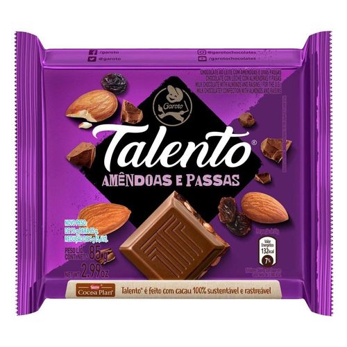 Garoto Sabor Chocolate Talento Amêndoas Passas 85g