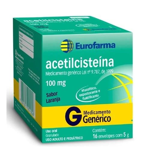 Acetilcisteína 100mg/g Eurofarma Granulado de Uso Oral Sabor Laranja com 16 Envelopes com 5g