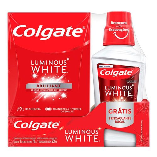 Kit Colgate com 3 Cremes Dentais Luminous White Brilliant Mint com 70g + 1 Enxaguante Bucal 250ml
