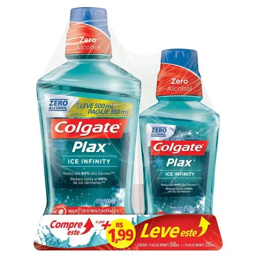 Kit Colgate Plax Ice Infinity Enxaguante Bucal Antisséptico Pague 350ml e Leve 500ml + Enxaguante Bucal 250ml