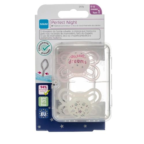 Kit Chupetas Mam Perfect Night Tamanho 1 Rosa com 2 Unidades