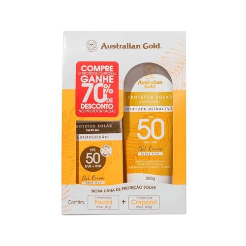 Kit Protetor Solar Australian Gold com 1 Protetor Facial 50g + 1 Protetor Corporal FPS 50 200g