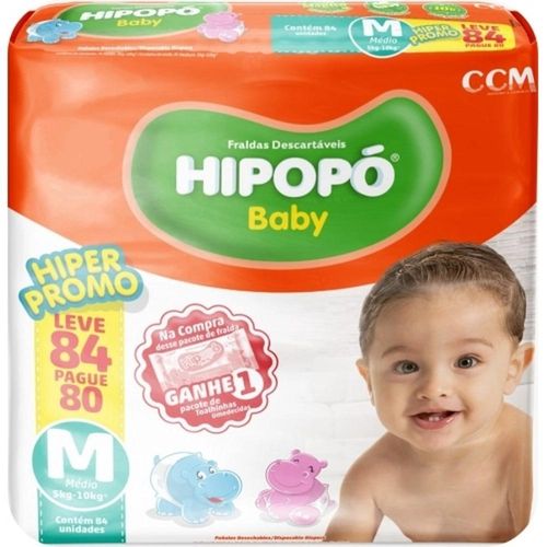 Fraldas Descartáveis Hipopó Baby Tamanho M com 84 Unidades