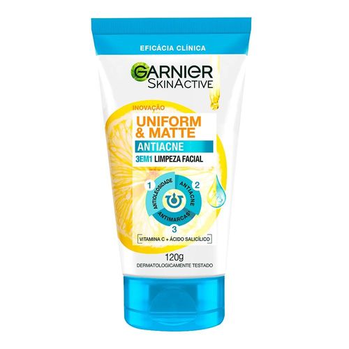 Sabonete Facial Antiacne 3 em 1 Garnier Uniform & Matte Skinactive 120g