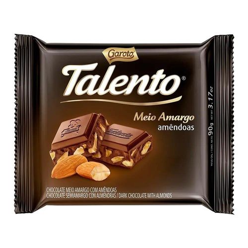 Barra de Chocolate Garoto Talento Meio Amargo Amêndoas 90g