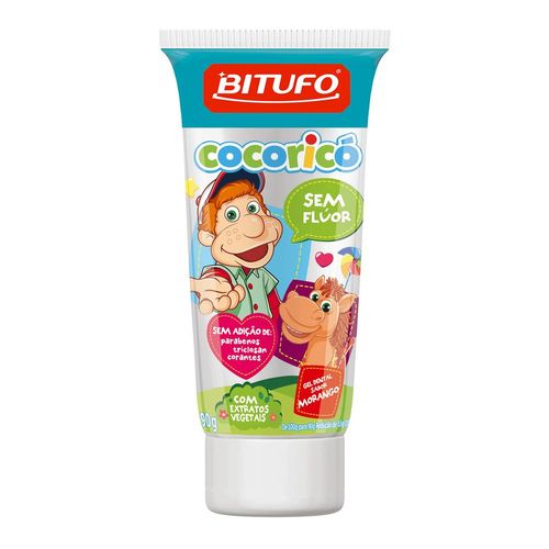 Gel Dental Bitufo Cocoricó Sabor Morango Sem Flúor 90g