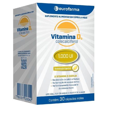 Vitamina D3 1000UI Eurofarma com 30 Cápsulas em Gel