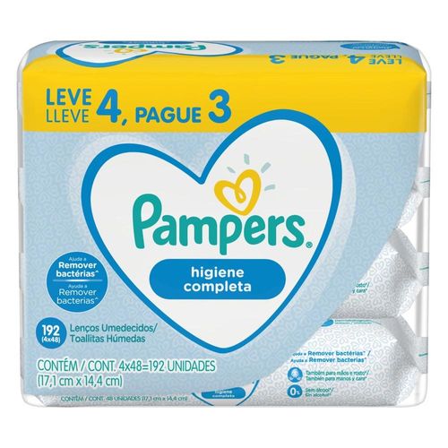 Pack de Lenços Umedecidos Higiene Completa 17,1cm X 14,4cm Pampers Pague 3 e Leve 4 Pacotes com 48 Unidades