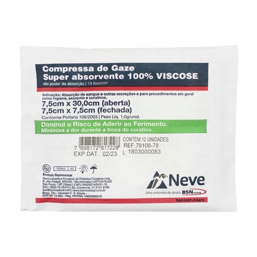 Compressas de Gaze Neve Viscose 13 Fios com 10 Unidades