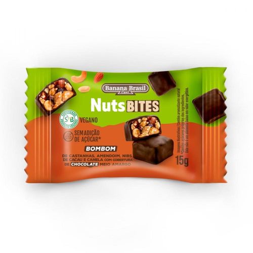Bombom NutsBites Vegano Sem Açúcar Sabor Chocolate Meio Amargo com Recheio de Castanhas Amendoim Nibs de Cacau e Canela 15g