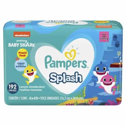Lenços Umedecidos Pampers Splash Baby Shark com 4 Pacotes com 48 Unidades