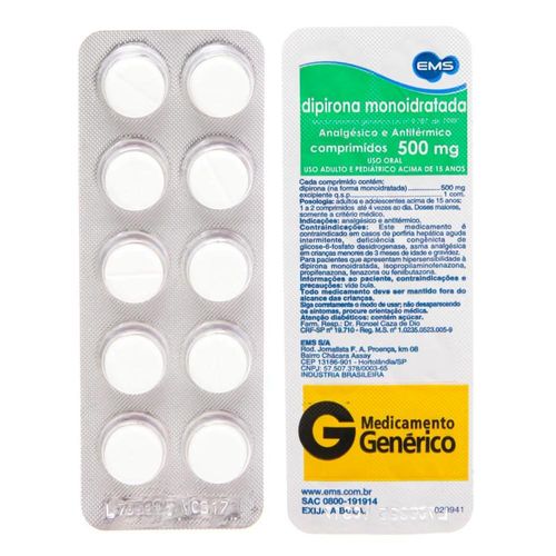 Dipirona Monoidratada 500mg Ems com 10 Comprimidos