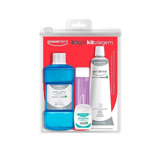 Kit Viagem Powerdent com 1 Escova de Dentes + 1 Fio Dental 25m + Pasta de Dentes 50g + Enxaguante Bucal 60ml