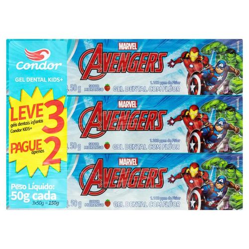 Pack Gel Dental com Flúor Sabor Morango Avengers Condor Kids pague 2 e Leve 3 Unidades com 70g