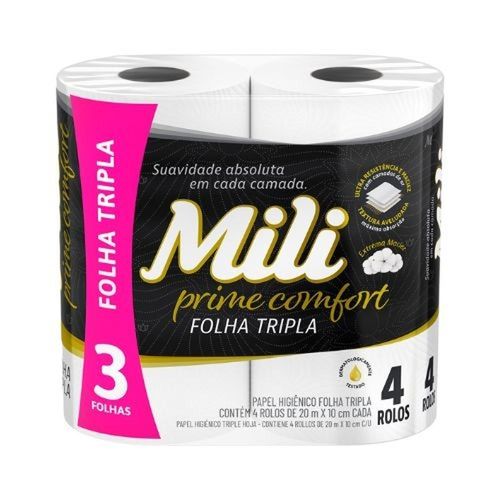 Papel Higiênico Mili Folha Tripla Prime Neutro 20m com 4 Rolos
