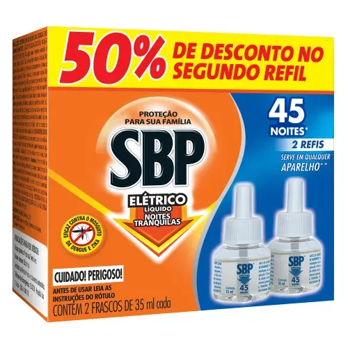 Refis Repelentes Elétricos Líquidos 45 Noites SBP com 2 Unidades com 35ml