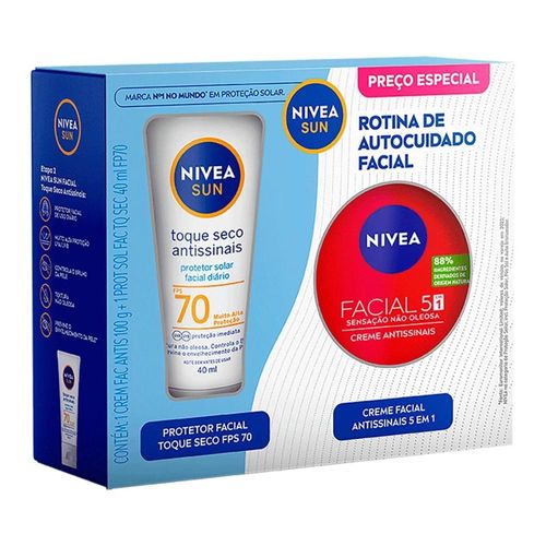 Kit Nivea Sun Protetor Solar Facial Antissinais FPS 70 40ml + Creme Facial Antissinais 5 em 1 100g
