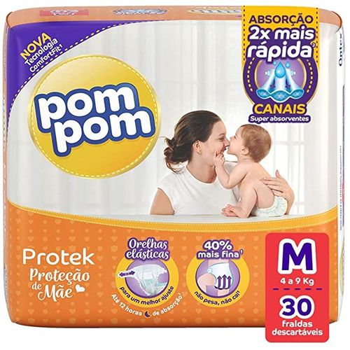 Fralda Descartável Infantil Pom Pom Protek Proteção de Mãe M com 30 Unidades