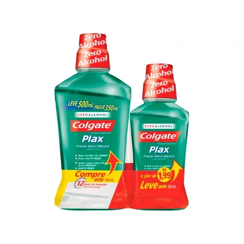 Kit Colgate Plax Fresh Mint com 1 Enxaguante Bucal Antisséptico Pague 350ml e Leve 500ml + 1 Enxaguante Bucal 250ml