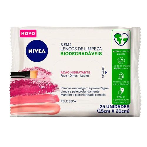 Lenços de Limpeza 3 em 1 Pele Seca Nivea Ação Hidratante com 25 Unidades