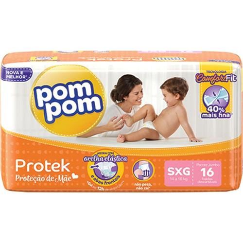 Fralda Descartável Infantil Pom Pom Protek Proteção De Mãe Xxg Pacote 16 Unidades