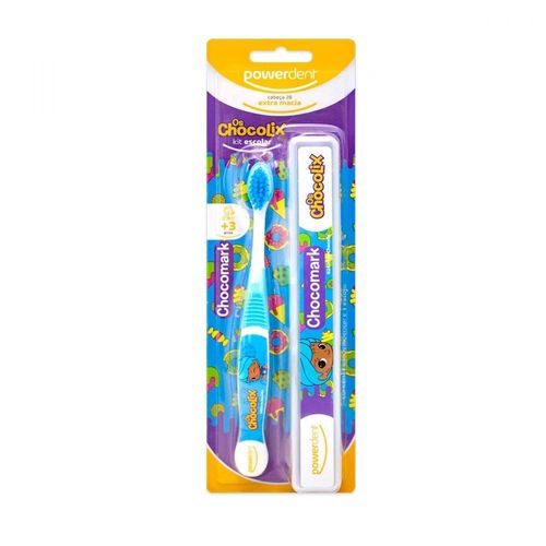 Kit Escolar Infantil Powerdent Os Chocolix com 1 Escova de Dentes + 1 Porta Escovas
