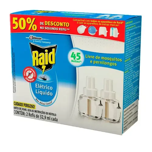 Refis Repelentes Elétricos Líquidos 45 Noites Raid com 2 Unidades com 32,9ml