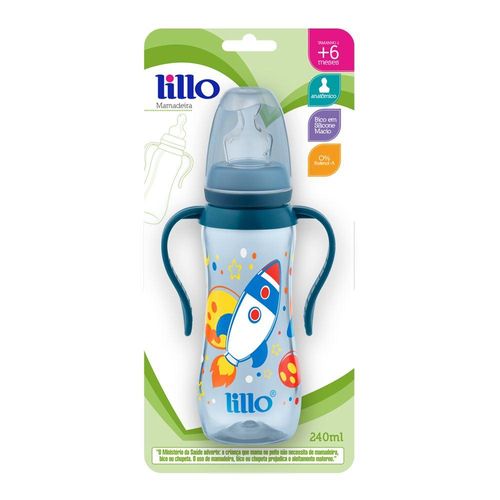Mamadeira Lillo Sonho Acinturada Ortodôntica Bico de Silicone com Alça Azul 240ml