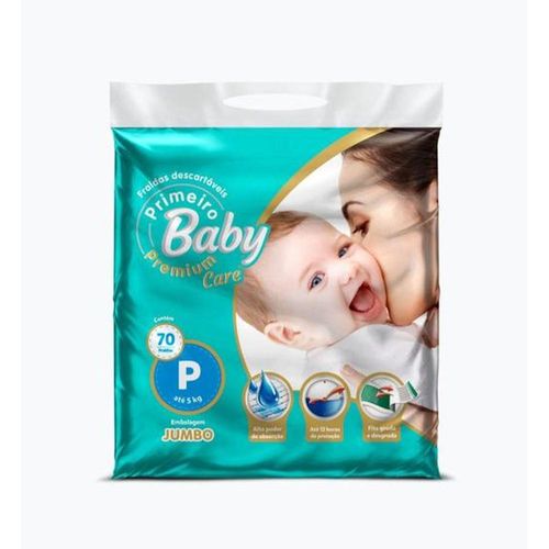 Primeiro Baby Fralda Descartável Premium Jumbo Tamanho P com 70 Unidades