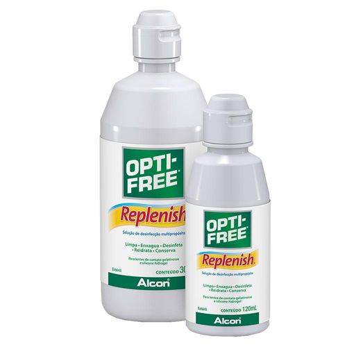 Kit Opti-Free Replenish com 1 Solução Oftálmica de 300ml + 1 Solução Oftálmica de 120ml + 1 Estojo para Lentes de Contato