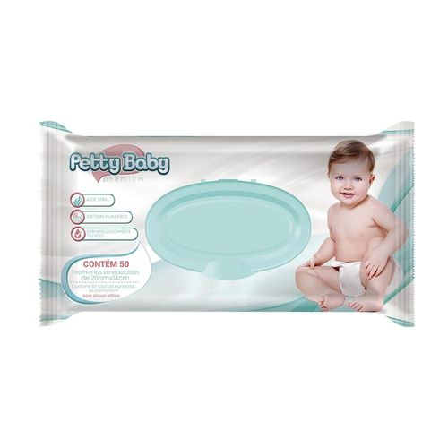 Petty Baby Toalha Umedecida Flip-Top Premium com 50 Unidades