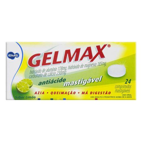 Gelmax 178mg + 185mg + 230mg Sabor Limão com 24 Comprimidos Mastigáveis
