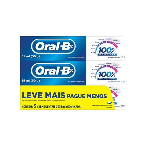 Pasta de Dente 100% Menta Refrescante Oral-B com 3 Unidades com 50g