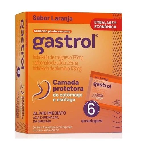 Gastrol 37mg/g + 47mg/g + 35,6mg/g Pó Efervescente Sabor Laranja com 6 Sachês com 5g