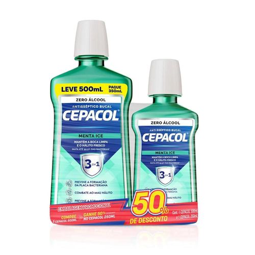 Kit Enxaguante Antisséptico Bucal Cepacol Menta Ice Sem Álcool com 500ml + 250ml