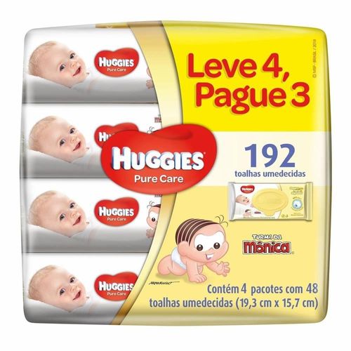 Pack de Toalhas Umedecidas Pure Care 19,3cm X 15,7cm Huggies Pague 3 e Leve 4 Pacotes com 48 Unidades